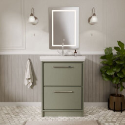 Balterley Longnor Modern Bathroom Floor Standing 2-Drawer Vanity Unit With Fireclay Basin, Fern Green, 600mm - thumbnail 2