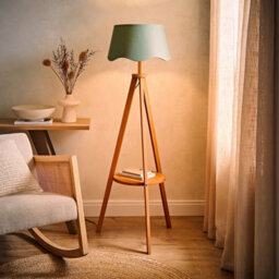 ValueLights Morrigan Mid Wood Shelf Floor Lamp With Sage Green Scallop Shade - thumbnail 2