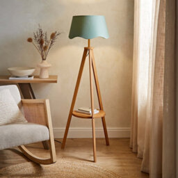 ValueLights Morrigan Mid Wood Shelf Floor Lamp With Sage Green Scallop Shade