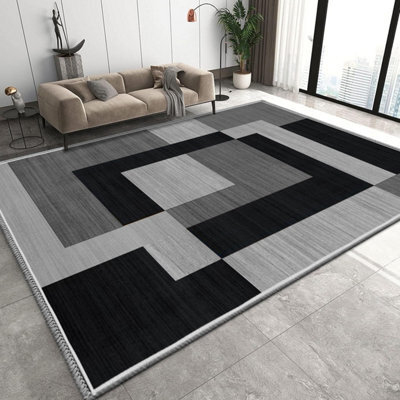 Oxford Homeware Printed Rug, Non-Slip Pets Friendly, Living Room Rugs And Bedroom Rugs, (Milo Black And Grey, 200X290Cm) - image 1