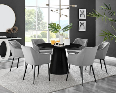 Furniturebox Uk Palma Black Semi Gloss Round Pedestal Dining Table & 6 Grey Velvet Calla Black Leg Chairs - image 1