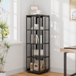 Thehotsale Steel Bookshelf Rack Black 4-Tier Bookcase Freestanding Storage Rack With Wheels
