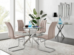 Furniturebox Uk Novara Chrome Metal Round Glass Dining Table And 4 Cappuccino Beige Murano Dining Chairs