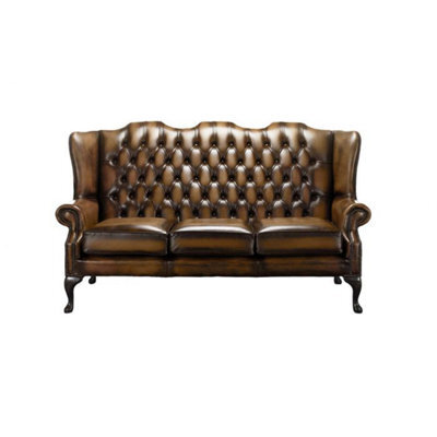 Chesterfield 3 Seater High Back Antique Tan Leather Sofa In Mallory Style - image 1