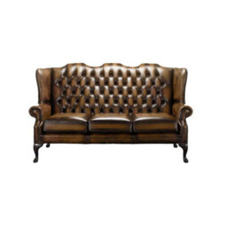 Chesterfield 3 Seater High Back Antique Tan Leather Sofa In Mallory Style - thumbnail 1