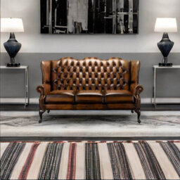 Chesterfield 3 Seater High Back Antique Tan Leather Sofa In Mallory Style - thumbnail 3