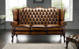 Chesterfield 3 Seater High Back Antique Tan Leather Sofa In Mallory Style - thumbnail 2