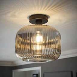 Valuelights Calpe Matte Black Semi Flush Ceiling Light With Ribbed Smoked Glass Shade
