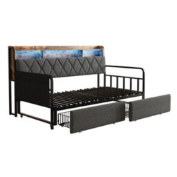 Matteo 3Ft Single Linen Metal Daybed With Smart Led, Usb Charging And Storage - Grey - thumbnail 4