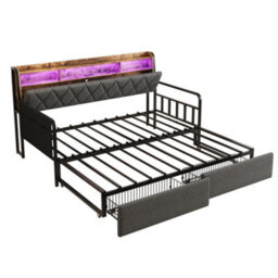 Matteo 3Ft Single Linen Metal Daybed With Smart Led, Usb Charging And Storage - Grey - thumbnail 3
