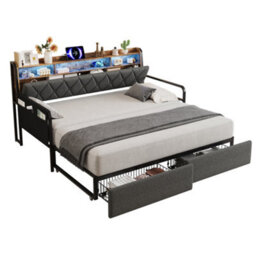 Matteo 3Ft Single Linen Metal Daybed With Smart Led, Usb Charging And Storage - Grey - thumbnail 6