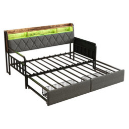 Matteo 3Ft Single Linen Metal Daybed With Smart Led, Usb Charging And Storage - Grey - thumbnail 2