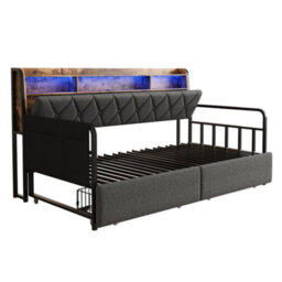 Matteo 3Ft Single Linen Metal Daybed With Smart Led, Usb Charging And Storage - Grey