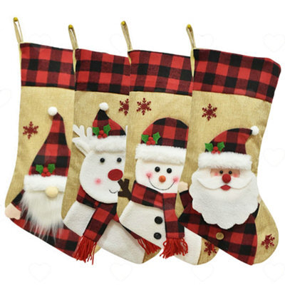 Amorly 4Pcs 18Inch Large Christmas Stockings, Santa Snowman Patterns With Buffalo Plaid Cuff, Classic Xmas Hanging Ornaments - image 1