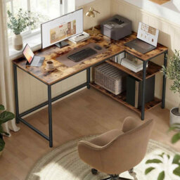 L-Shaped Corner Office Desk, Computer Workstation With Reversible Adjustable Storage Shelves, Rustic Brown