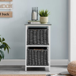 Livivo Bedside Table Storage Cabinet W/ 2 Drawers Wicker Baskets - Fully Assembled, Great For Living Room, Office, Home & Bedroom - thumbnail 3