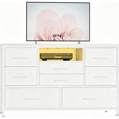 White Modern Tv Cabinet With 8 Fabric Drawers Led Lights Power Socket Bedroom Storage - image 1