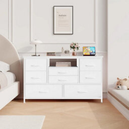White Modern Tv Cabinet With 8 Fabric Drawers Led Lights Power Socket Bedroom Storage - thumbnail 3