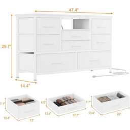 White Modern Tv Cabinet With 8 Fabric Drawers Led Lights Power Socket Bedroom Storage - thumbnail 2