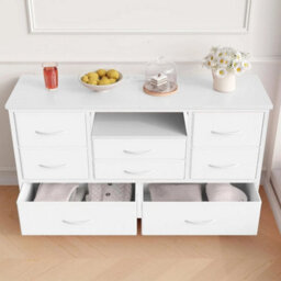 White Modern Tv Cabinet With 8 Fabric Drawers Led Lights Power Socket Bedroom Storage - thumbnail 4