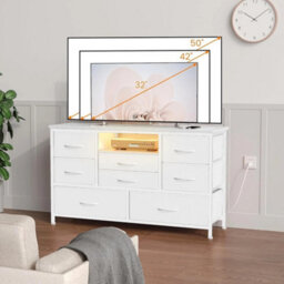 White Modern Tv Cabinet With 8 Fabric Drawers Led Lights Power Socket Bedroom Storage - thumbnail 5