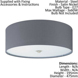 Stylish Low Ceiling Light With 2 Matching Wall Sconces - Grey Fabric Round Shade - thumbnail 2