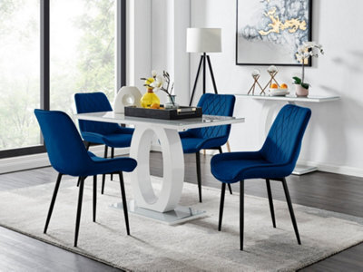 Furniturebox Giovani Rectangular 4 Seat White High Gloss Unique Halo Base Dining Table Grey Glass Top 4 Navy Velvet Black Leg Pesaro Chairs - image 1