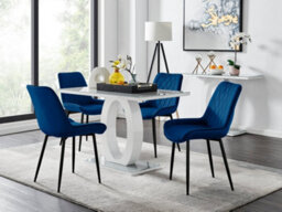 Furniturebox Giovani Rectangular 4 Seat White High Gloss Unique Halo Base Dining Table Grey Glass Top 4 Navy Velvet Black Leg Pesaro Chairs