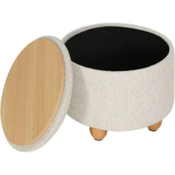 Round Linen Storage Ottoman Padded Foot Stool Wood Legs - thumbnail 2