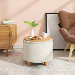 Round Linen Storage Ottoman Padded Foot Stool Wood Legs - thumbnail 4