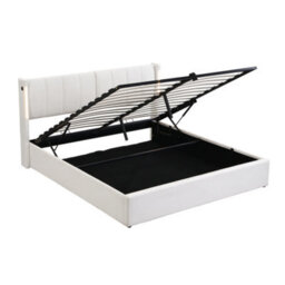 Btm Led Upholstered Bed King Size 5Ft 150X200Cm Hydraulic Bed Usb Port Led Lighting Storage Adjustable Headboard Pu White - thumbnail 9