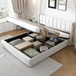 Btm Led Upholstered Bed King Size 5Ft 150X200Cm Hydraulic Bed Usb Port Led Lighting Storage Adjustable Headboard Pu White - thumbnail 3