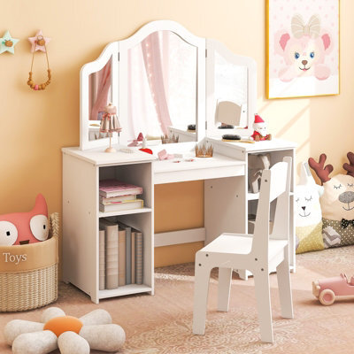 Costway Kids Vanity Table And Chair Set Princess Makeup Vanity Set W/ Tri-Folding Mirror - image 1