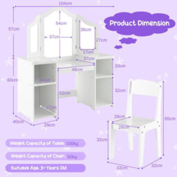 Costway Kids Vanity Table And Chair Set Princess Makeup Vanity Set W/ Tri-Folding Mirror - thumbnail 2
