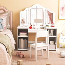 Costway Kids Vanity Table And Chair Set Princess Makeup Vanity Set W/ Tri-Folding Mirror - thumbnail 3