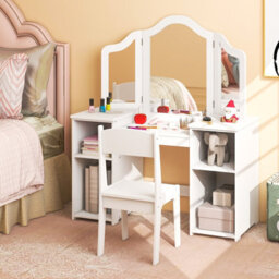 Costway Kids Vanity Table And Chair Set Princess Makeup Vanity Set W/ Tri-Folding Mirror - thumbnail 4