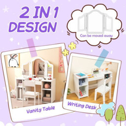 Costway Kids Vanity Table And Chair Set Princess Makeup Vanity Set W/ Tri-Folding Mirror - thumbnail 5
