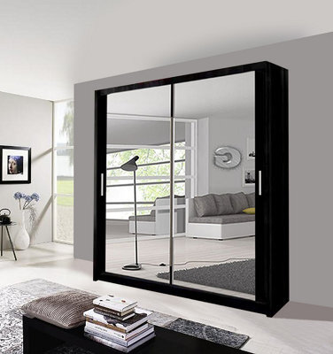Milan Sliding Mirror Door Wardrobe With Hanging Rails & Shelves ( Black , 100 Cm ) - image 1