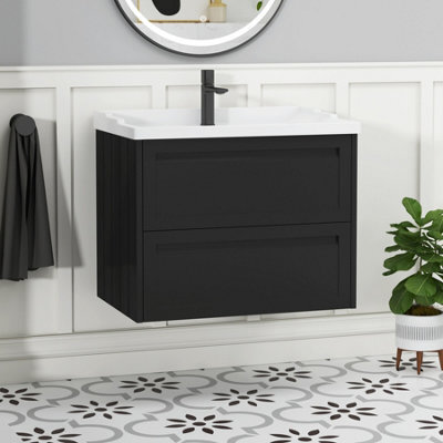 Royal Bathrooms Elmore 700mm Wall Hung 2 Drawer Bathroom Vanity Unit With Traditional Ceramic Basin Sink - Matt Nocturne Black - image 1