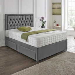 Dining Tables Lisbon Matching Headboard Divan Set, 2 Drawer On Same Side With Sprung 1500 Comfort Mattress - Damask Fabric Grey - King - thumbnail 1