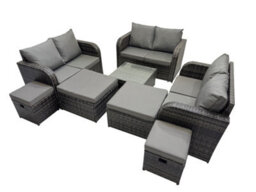 Fimous Rattan Garden Outdoor Furniture Set Love Sofa Square Coffee Table Set With 4 Stools Dark Grey Mixed - thumbnail 2