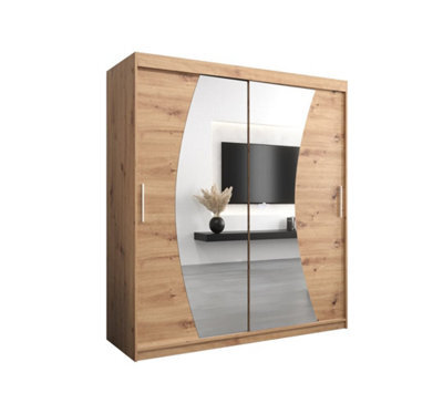 Arte Wave Contemporary 2 Mirrored Sliding Door Wardrobe 9 Shelves 2 Rails Oak Artisan Effect (H)2000mm (W)1800mm (D)620mm - image 1