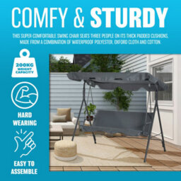 3 Seater Garden Swing Chair Seat Hammock Swinging Metal Bench Grey Furniture Outdoor - thumbnail 4