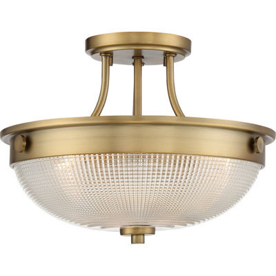 Elegant 2 Bulb Semi Flush Mount Light Fixture With Prismatic Glass Shade In Weathered Brass Finish