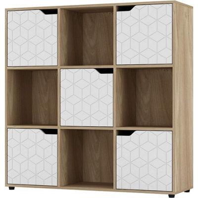 Urbn-Living Urbnliving 91Cm Height 9 Cubes Oak Wooden Bookcase Display Shelf Storage Cabinet With Modern Geo White Door - image 1