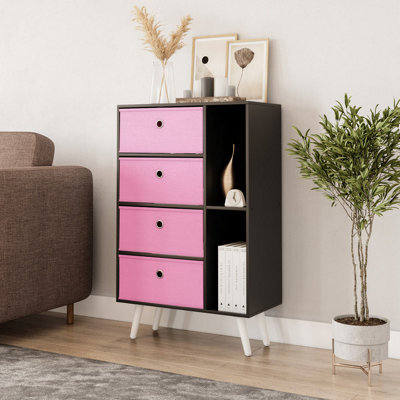 Urbn-Living Urbnliving 84Cm Height Black 6 Section Wooden Storage Bookcase With White Legs Pink Drawers - image 1