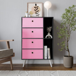 Urbn-Living Urbnliving 84Cm Height Black 6 Section Wooden Storage Bookcase With White Legs Pink Drawers - thumbnail 2