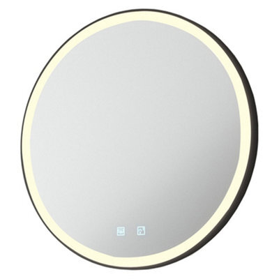 600mm Ip44 Matt Black Round Led Bathroom Mirror & Demister Tunable White Border - image 1