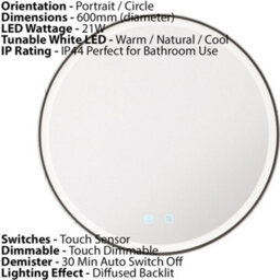 600mm Ip44 Matt Black Round Led Bathroom Mirror & Demister Tunable White Border - thumbnail 3