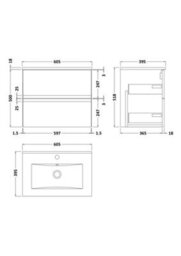 Hudson Reed Urban 605mm Satin White Wall Hung 2 Drawer Vanity Unit And Ceramic Basin With Silent Close, 518 X 605 X 395mm - thumbnail 6